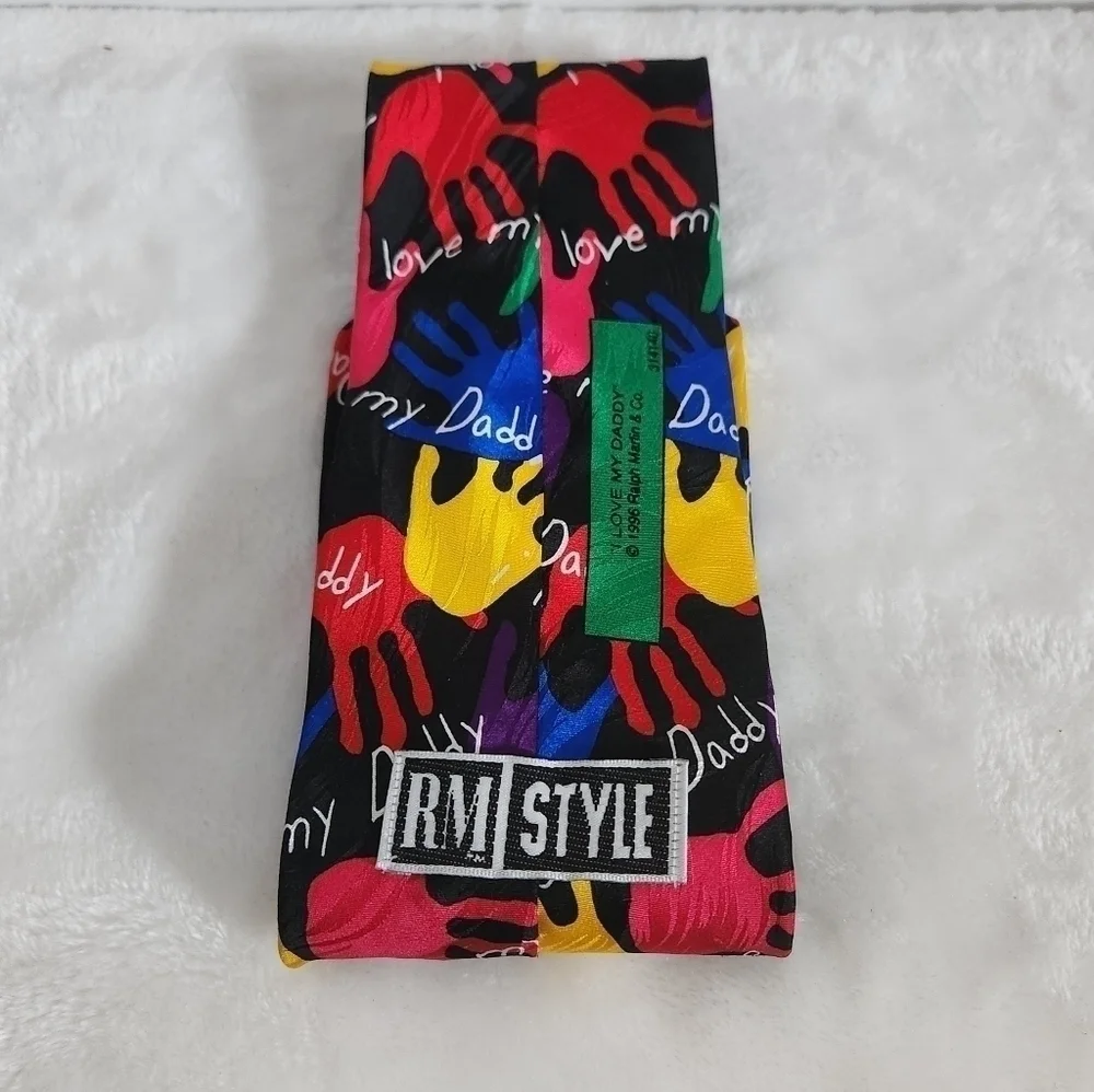 RM Style Ralph Marlin Black Silk Vintage 1996 I Love My Daddy Hands Necktie Tie